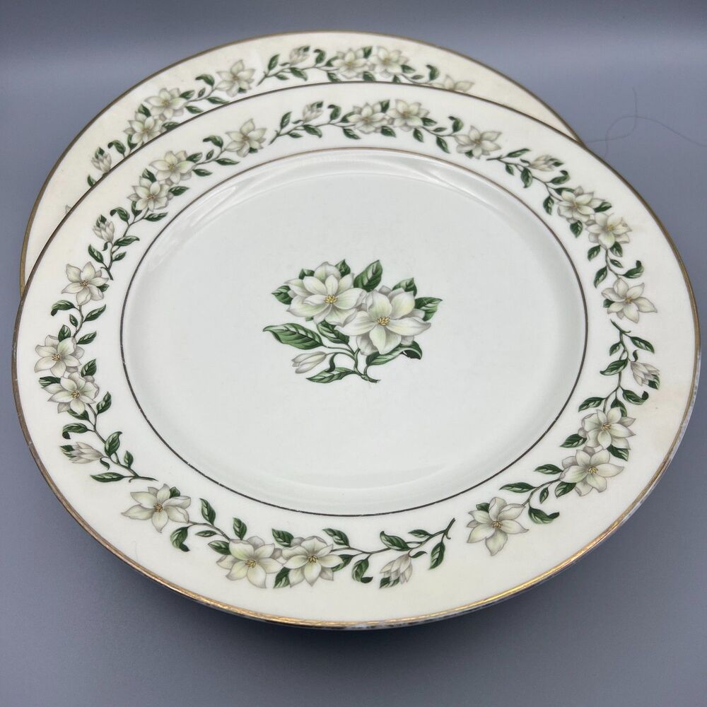 Vintage Princess China Bridal Wreath Dinner Plates Set 2 Floral Gold Trim
